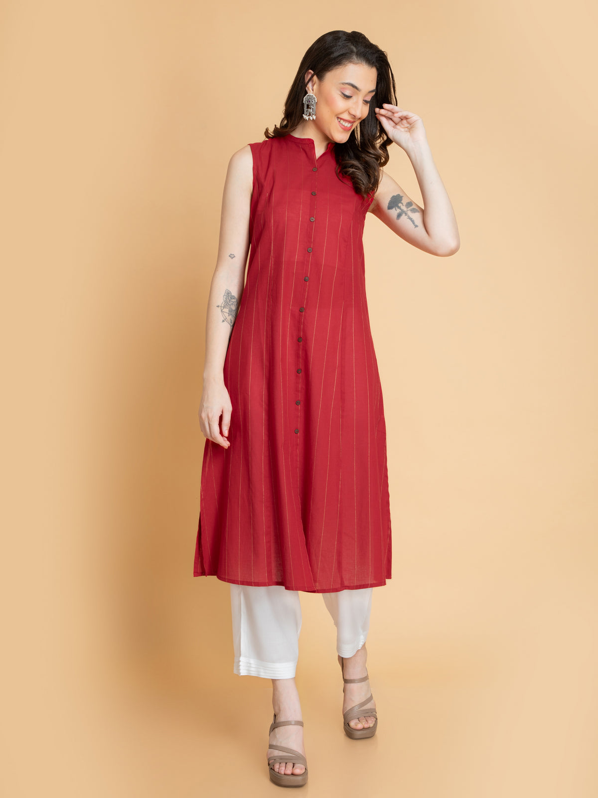 Cotton Lurex A-Line Sleeveless Long Kurti