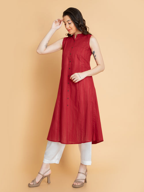 Cotton Lurex A-Line Sleeveless Long Kurti