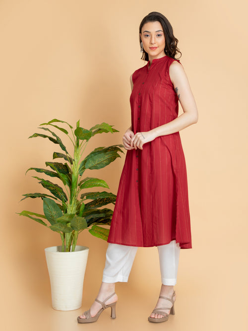 Cotton Lurex A-Line Sleeveless Long Kurti