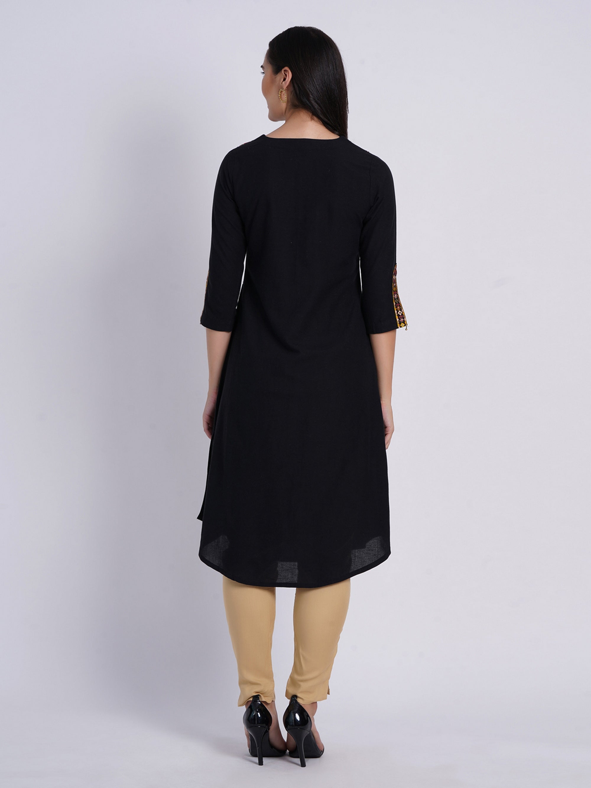 Black 3 Pcs Kurta Set in Rayon Linen
