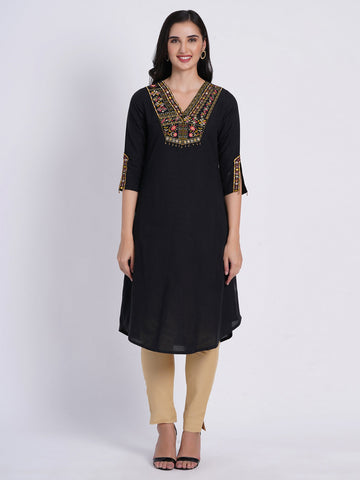 Black 3 Pcs Kurta Set in Rayon Linen