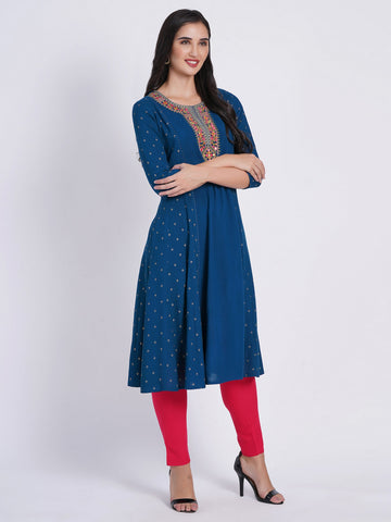 Peocock Blue 3 Pcs Kurta Set in Rayon