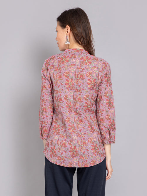 Mul Cotton Floral Printed Short Top with Pintuck Details