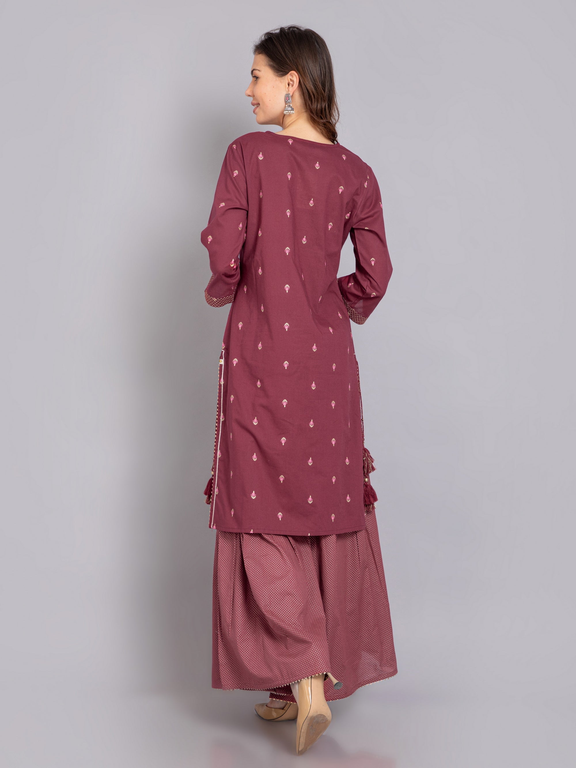 Burgandy 3 Pcs Kurta Set in Mul Cotton