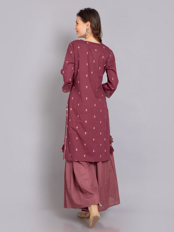 Burgandy 3 Pcs Kurta Set in Mul Cotton