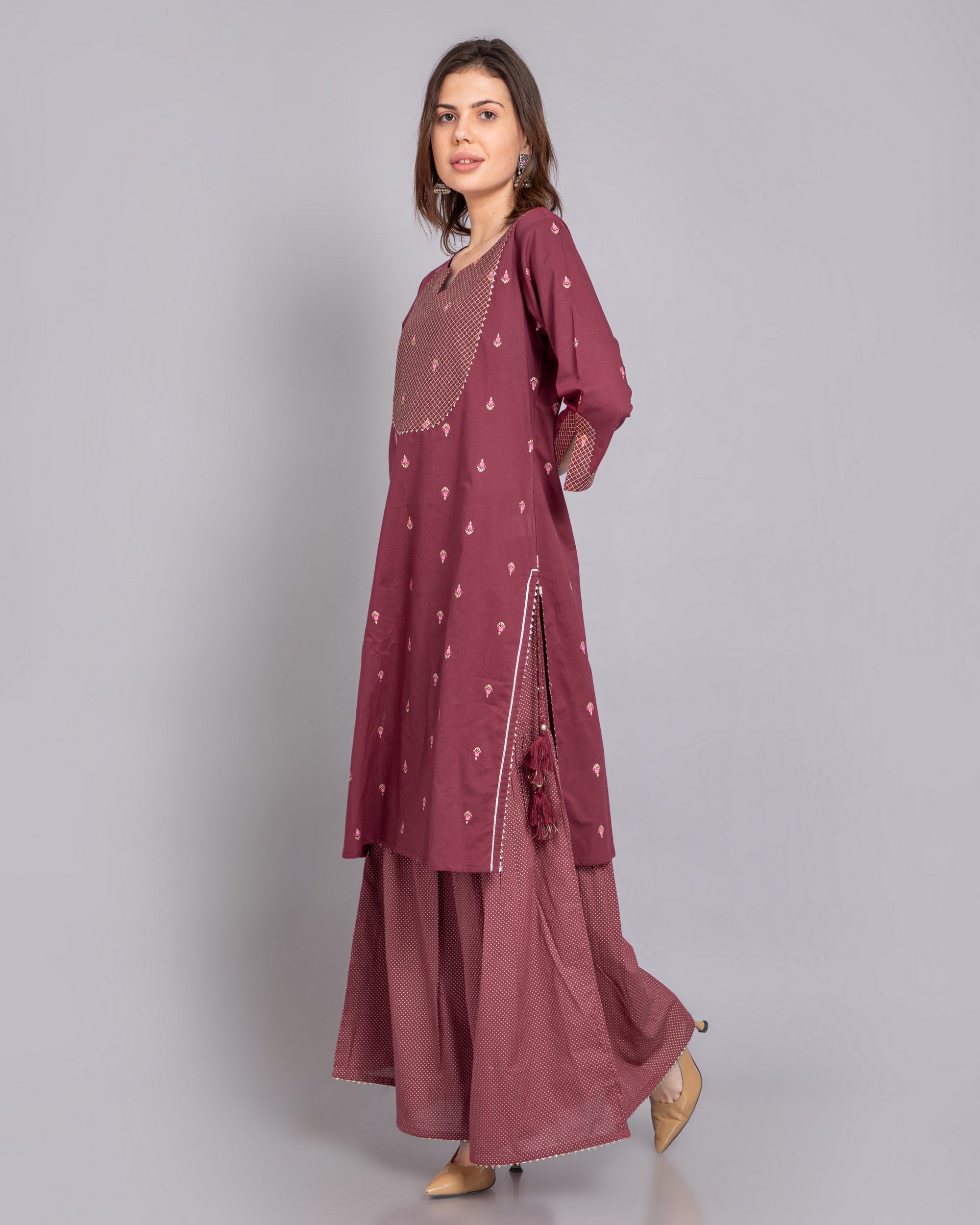 Burgandy 3 Pcs Kurta Set in Mul Cotton