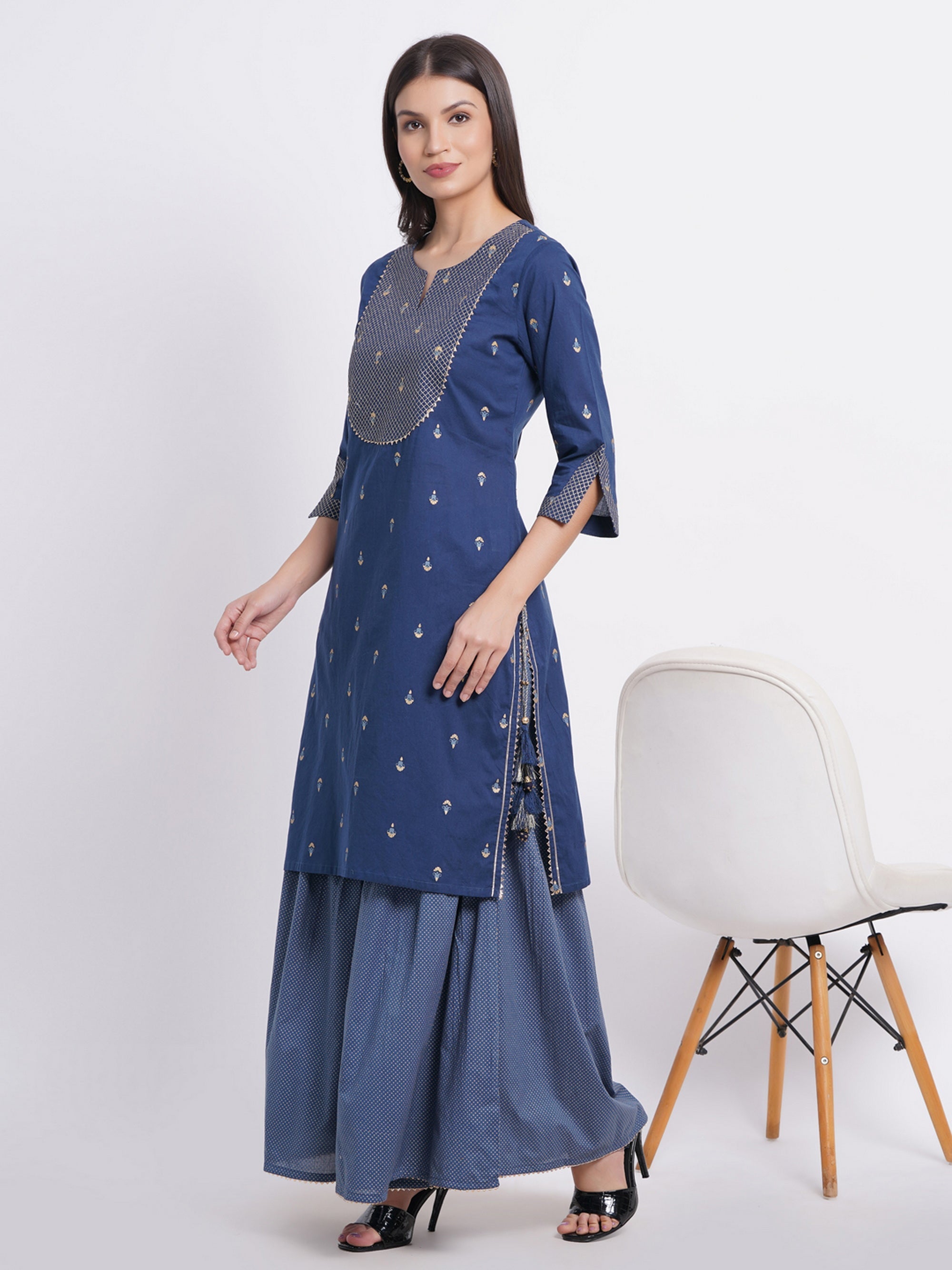 True Blue 3 Pcs Kurta Set in Mul Cotton