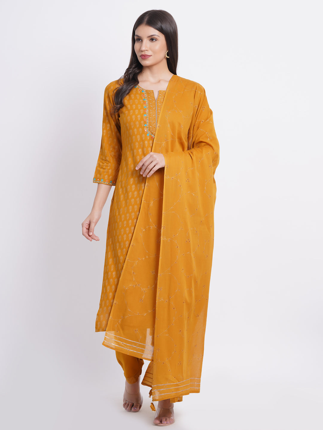 Suti Women Rayon Staple Gold Printed Kurta Set with Mirror Embroidery