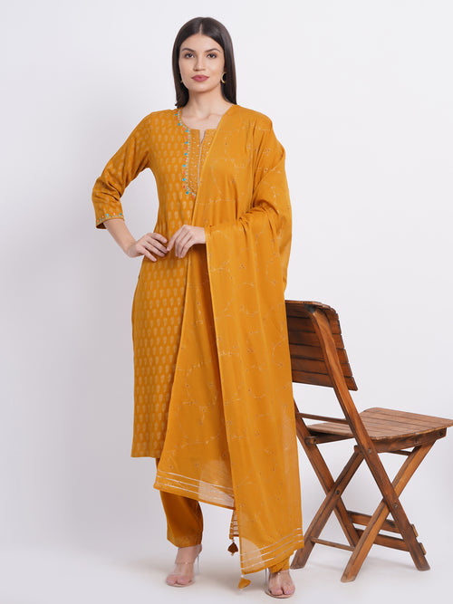 Suti Women Rayon Staple Gold Printed Kurta Set with Mirror Embroidery