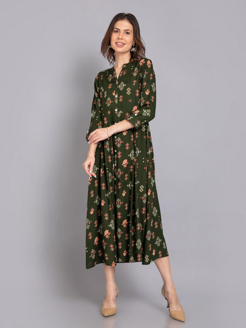 Suti Women Rayon Printed Long Flared Dress