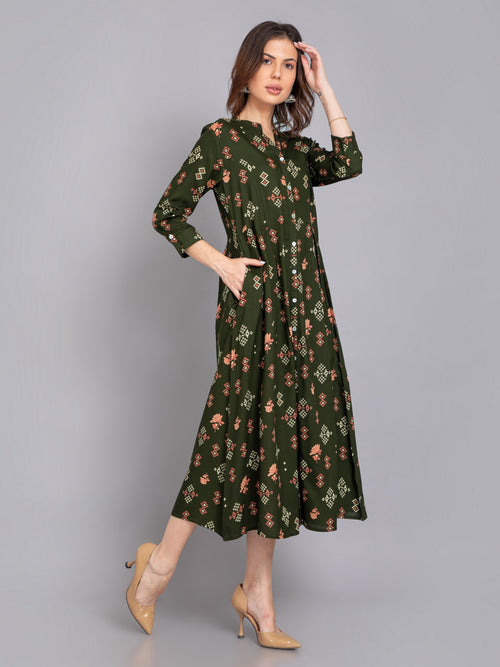 Suti Women Rayon Printed Long Flared Dress