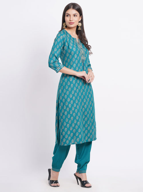 SUTI Women Elegant Gold Printed Kurta Set with Craft Button & Dori Tassels