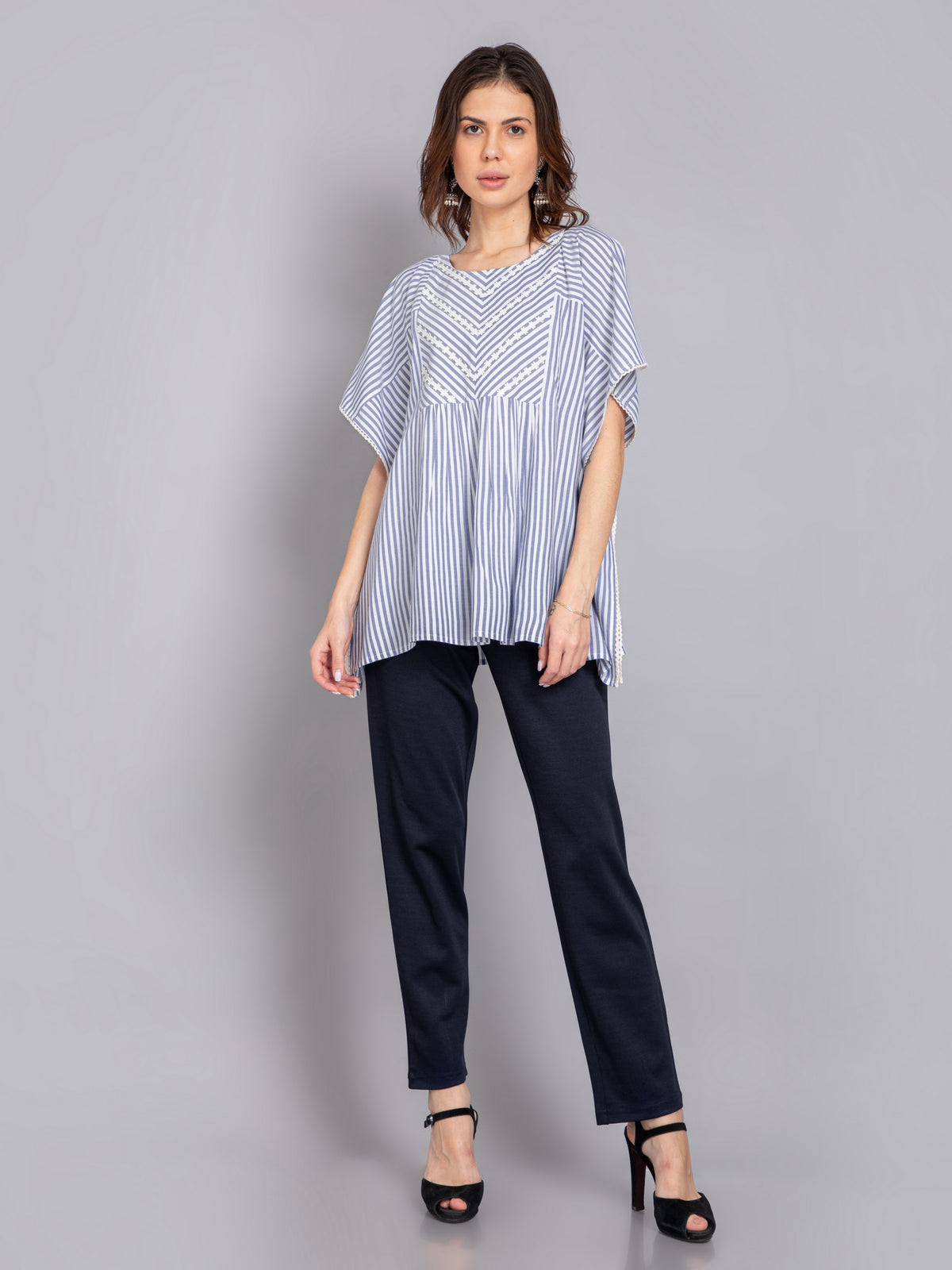 Yarn Dyed Stripe Kaftan Top with Lace Detail