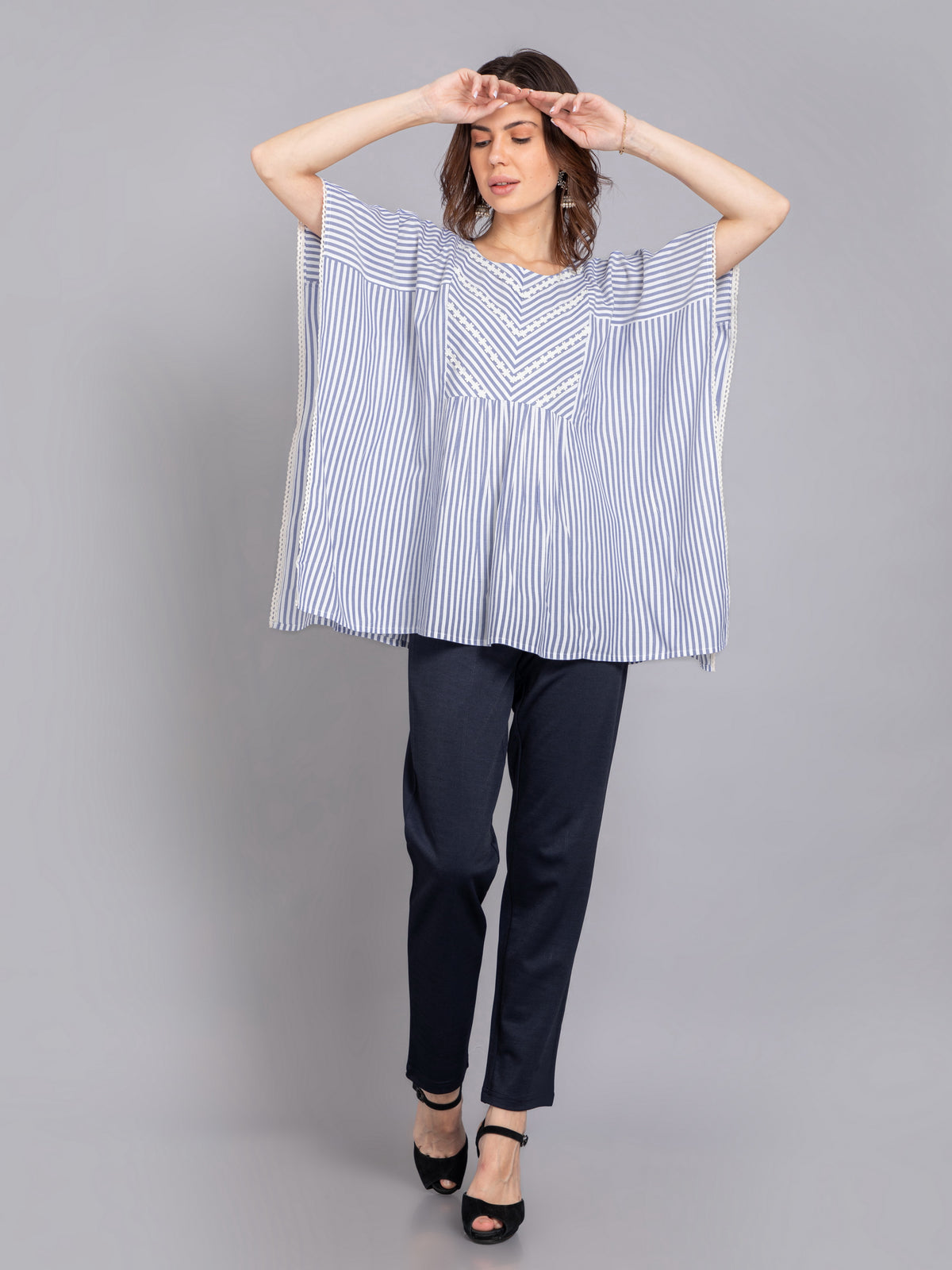 Yarn Dyed Stripe Kaftan Top with Lace Detail