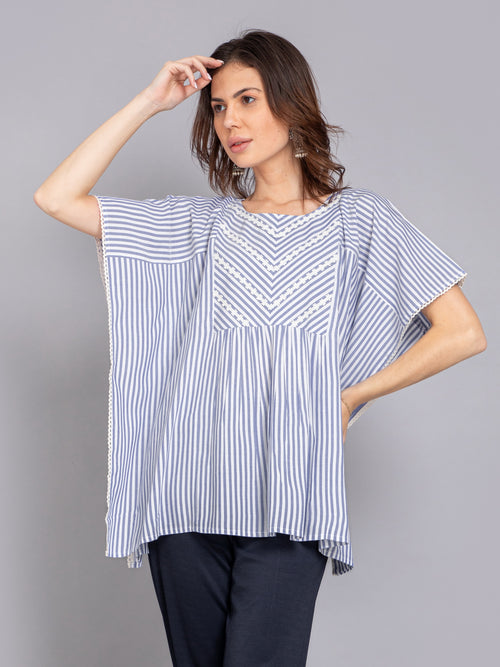 Yarn Dyed Stripe Kaftan Top with Lace Detail