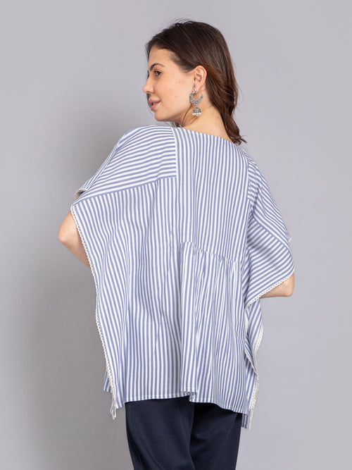 Yarn Dyed Stripe Kaftan Top with Lace Detail