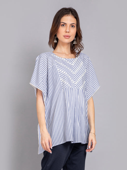 Yarn Dyed Stripe Kaftan Top with Lace Detail