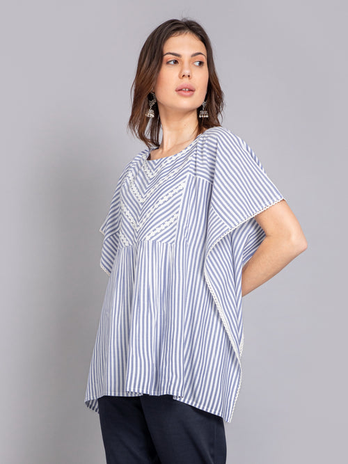 Yarn Dyed Stripe Kaftan Top with Lace Detail