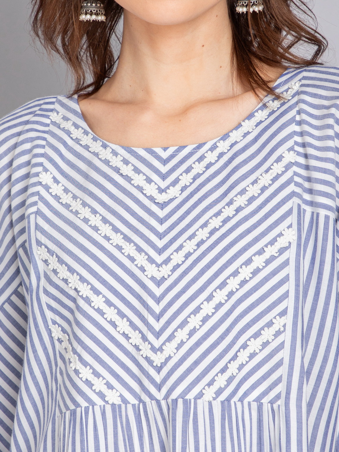 Yarn Dyed Stripe Kaftan Top with Lace Detail