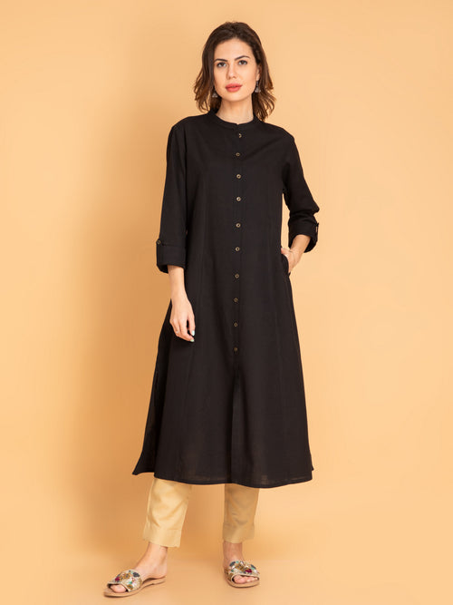 Linen Blend A-Line Long Kurta with Metal Buttons