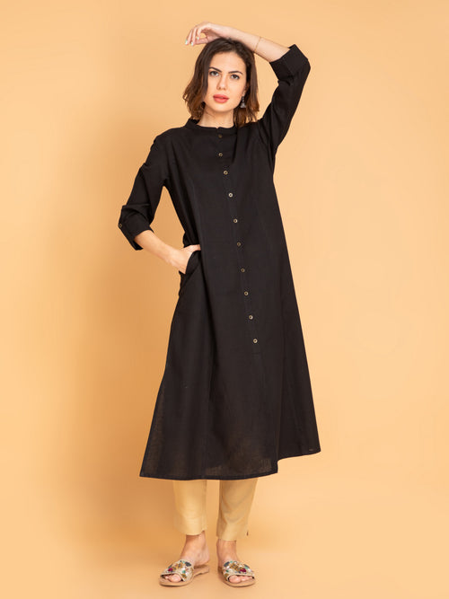 Linen Blend A-Line Long Kurta with Metal Buttons