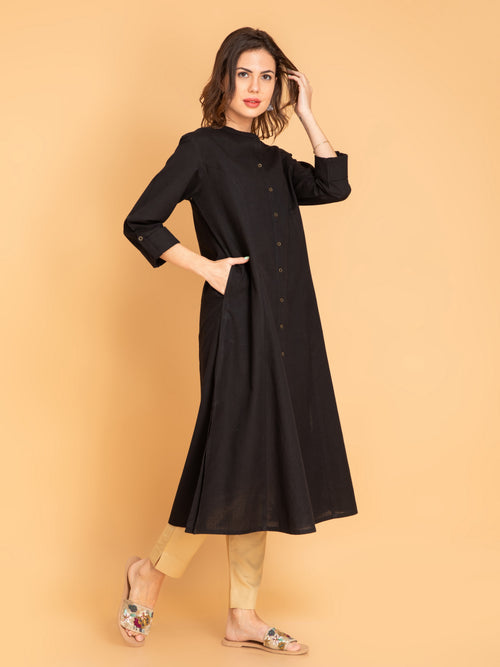 Linen Blend A-Line Long Kurta with Metal Buttons