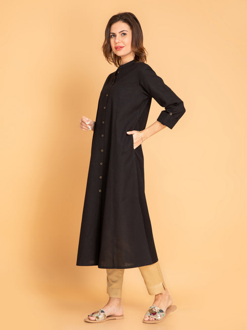 Linen Blend A-Line Long Kurta with Metal Buttons