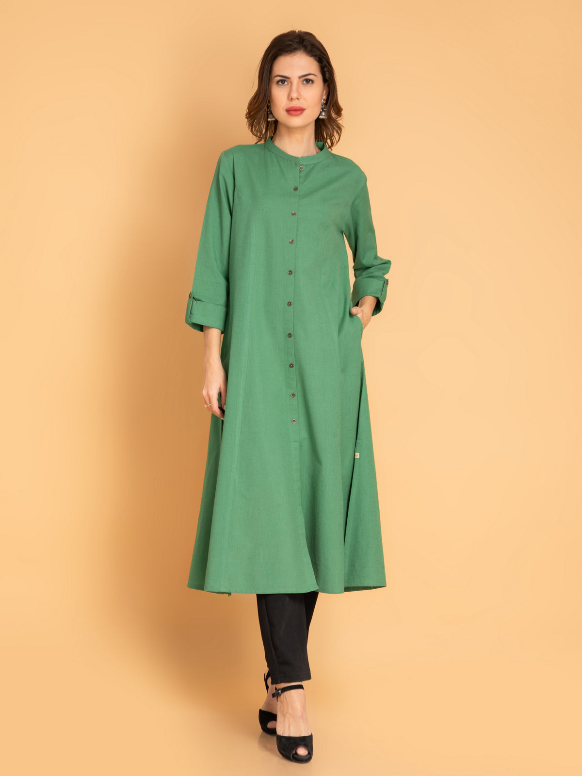 Linen Blend A-Line Long Kurta with Metal Buttons