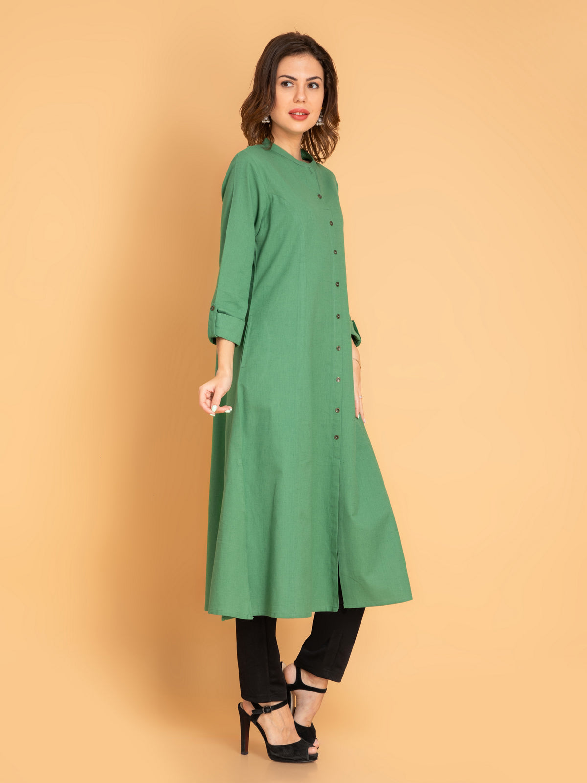 Linen Blend A-Line Long Kurta with Metal Buttons