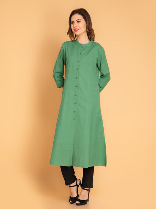 Linen Blend A-Line Long Kurta with Metal Buttons