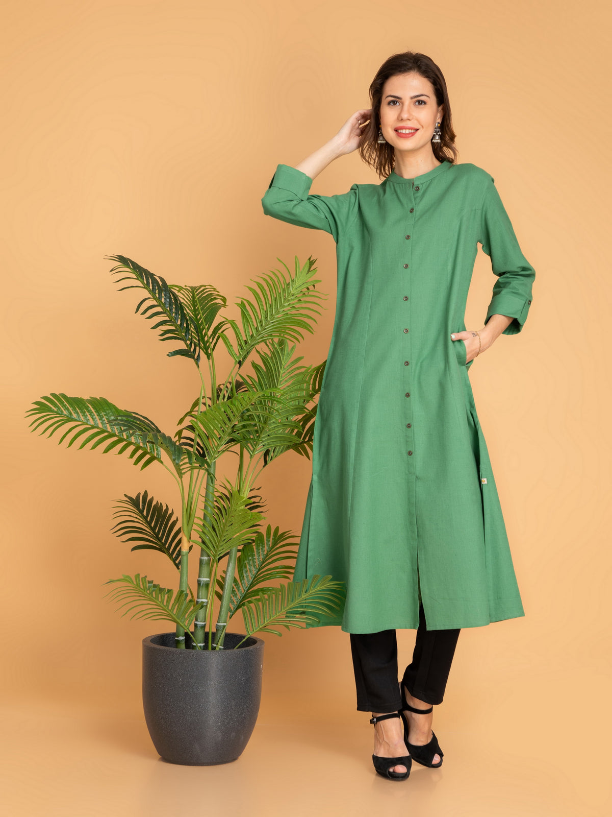 Linen Blend A-Line Long Kurta with Metal Buttons