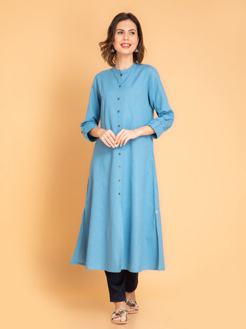 Linen Blend A-Line Long Kurta with Metal Buttons