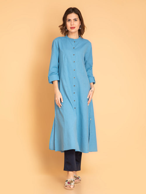 Linen Blend A-Line Long Kurta with Metal Buttons