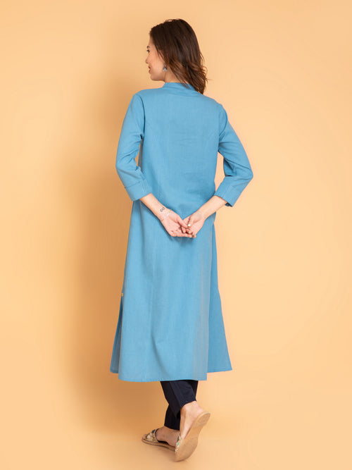 Linen Blend A-Line Long Kurta with Metal Buttons