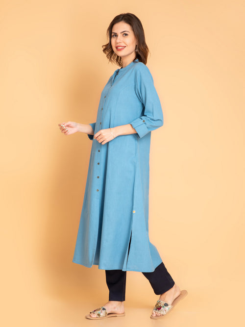 Linen Blend A-Line Long Kurta with Metal Buttons