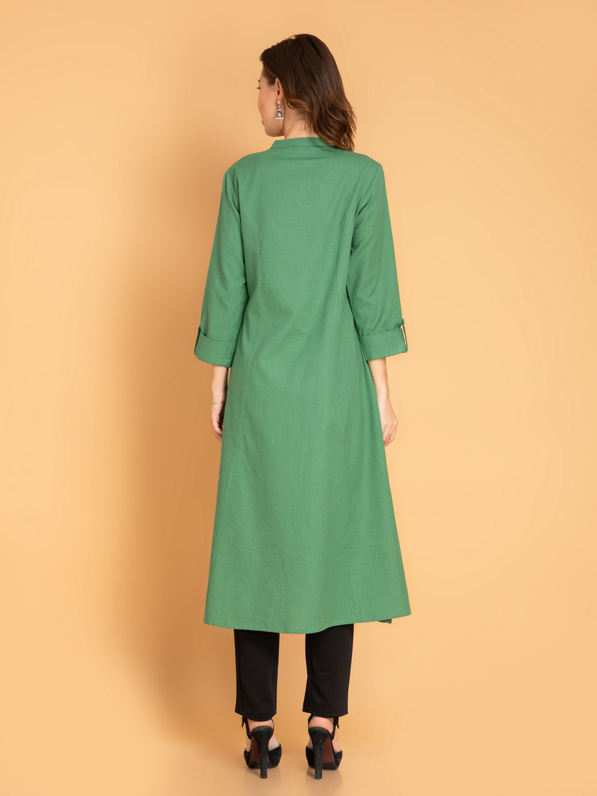 Linen Blend A-Line Long Kurta With Metal Buttons