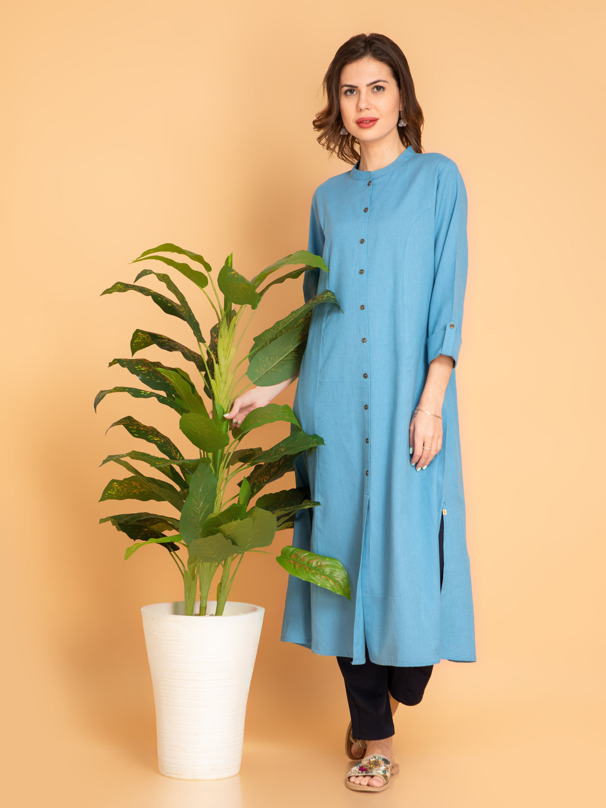 Linen Blend A-Line Long Kurta With Metal Buttons