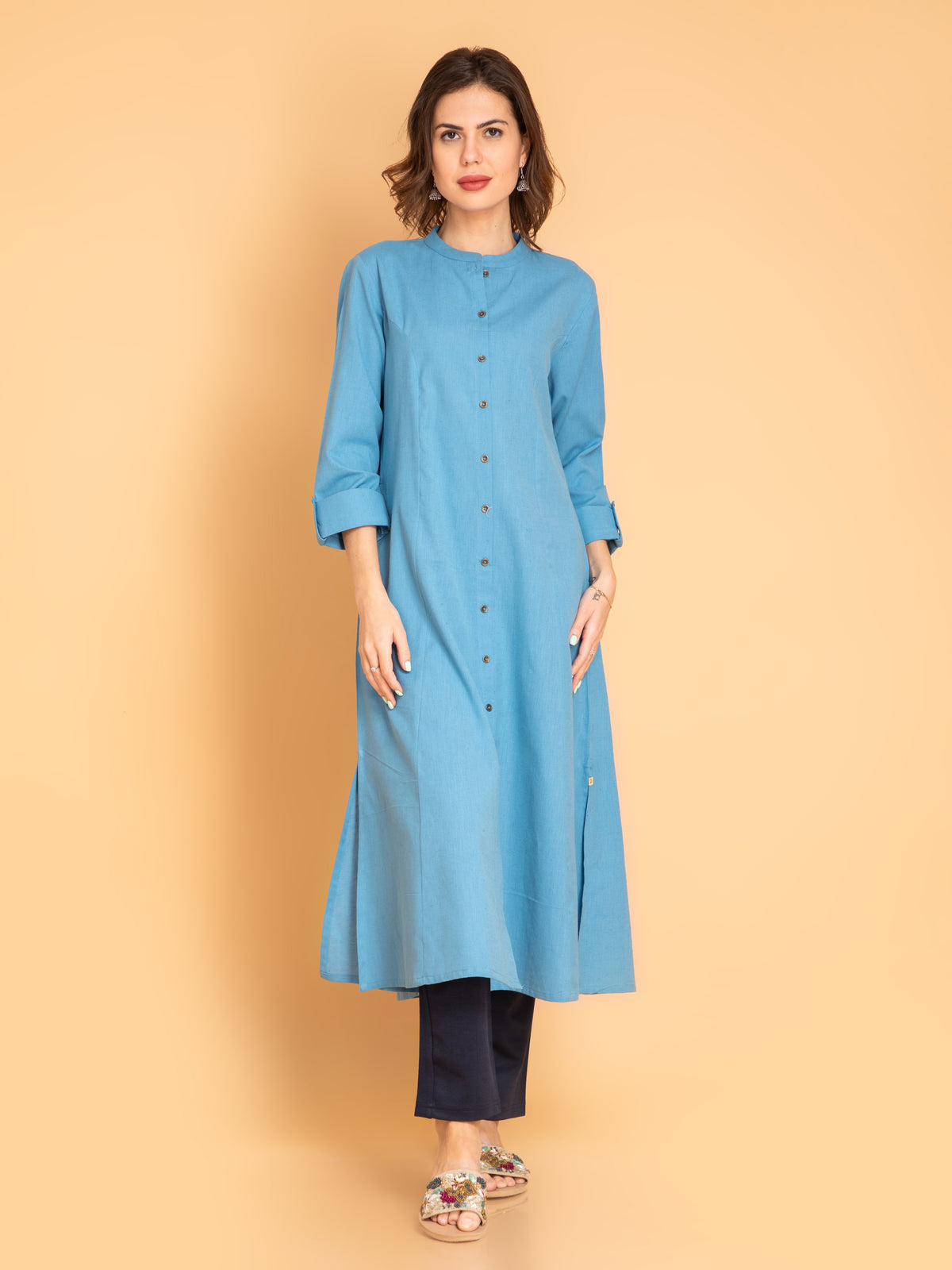 Linen Blend A-Line Long Kurta With Metal Buttons