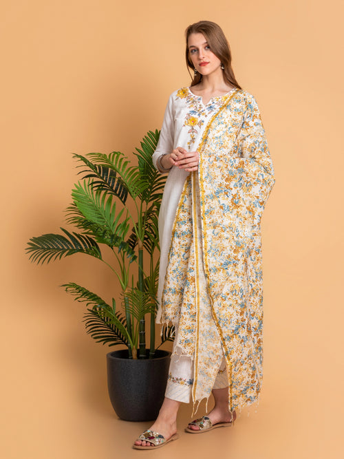 Off-White Embroidered 3Pc Kurta Set with Printed Dupatta