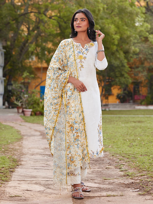 Off-White Embroidered 3Pc Kurta Set with Printed Dupatta