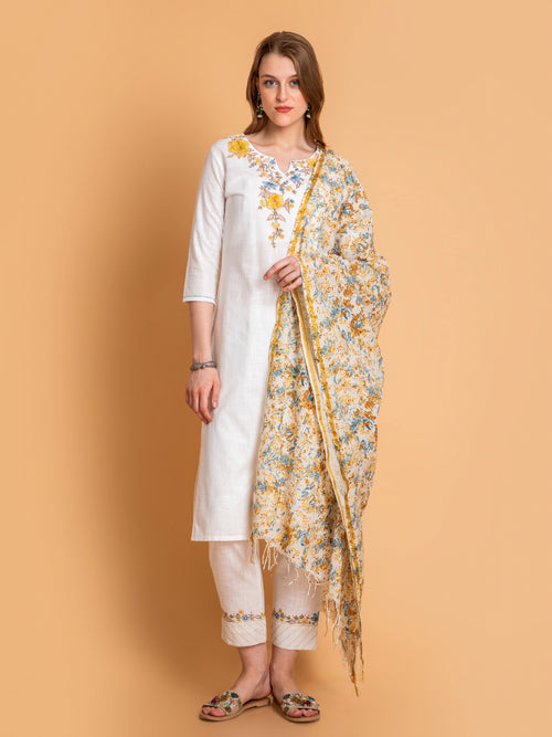 Off-White Embroidered 3Pc Kurta Set with Printed Dupatta