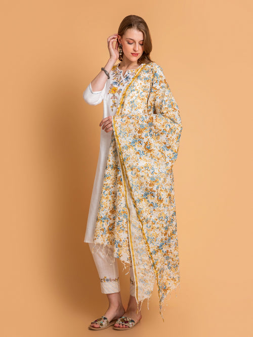 Off-White Embroidered 3Pc Kurta Set with Printed Dupatta