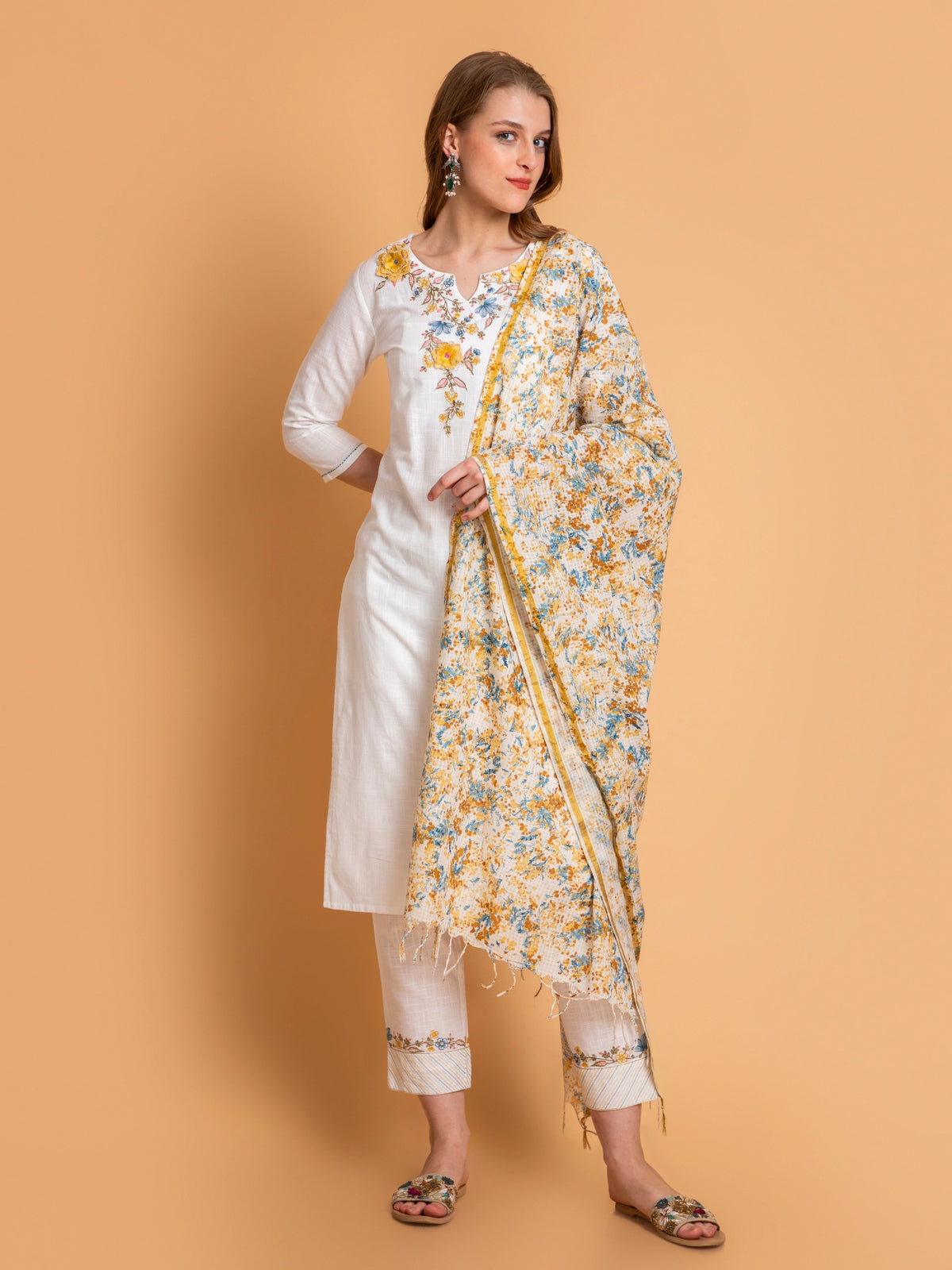 Off-White Embroidered 3Pc Kurta Set with Printed Dupatta