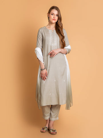 Light Grey 3 Pcs Kurta Set in Rayon Linen