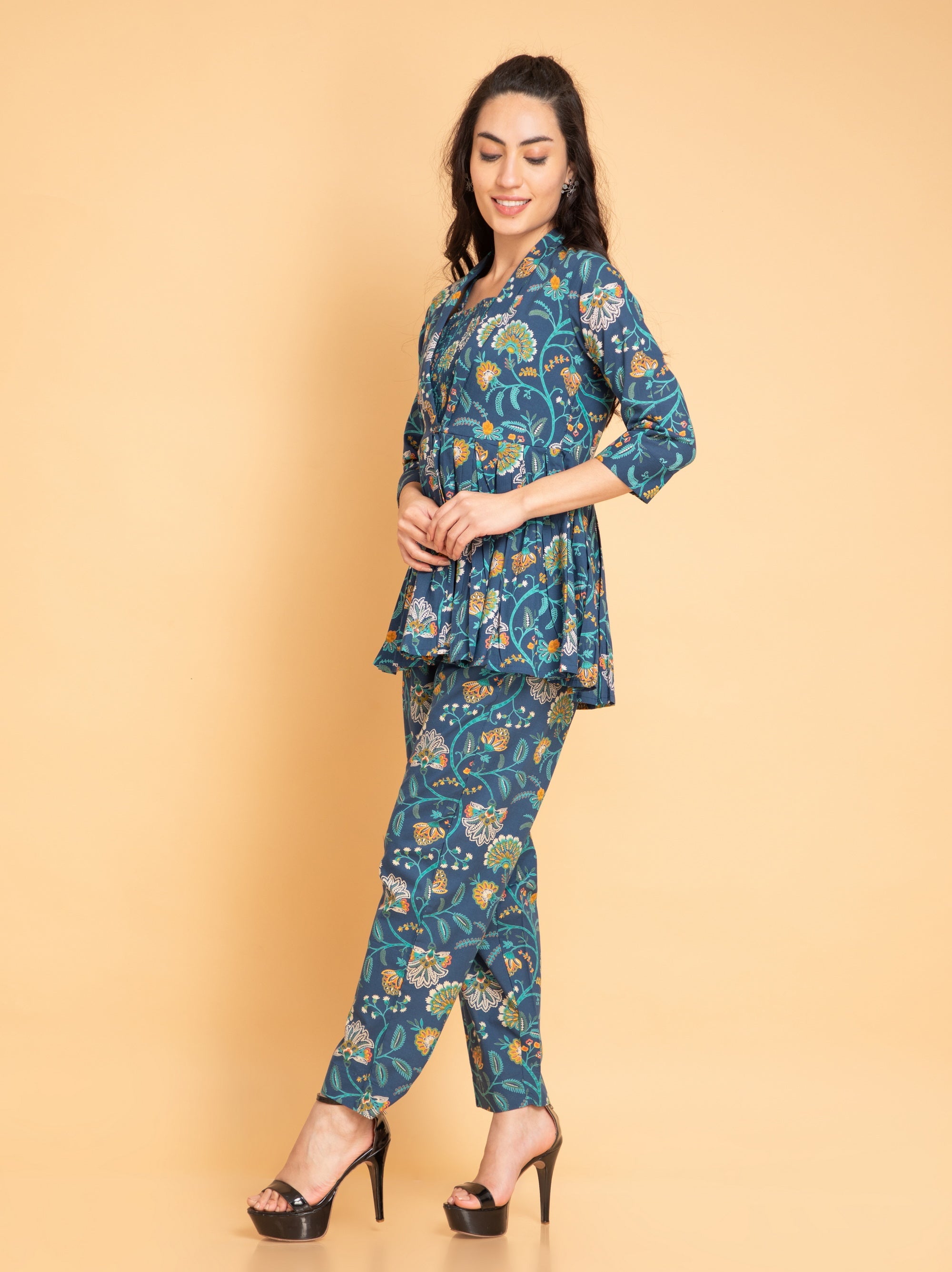 Navy Blue 3pcs Co-ord Set in Mul Cotton