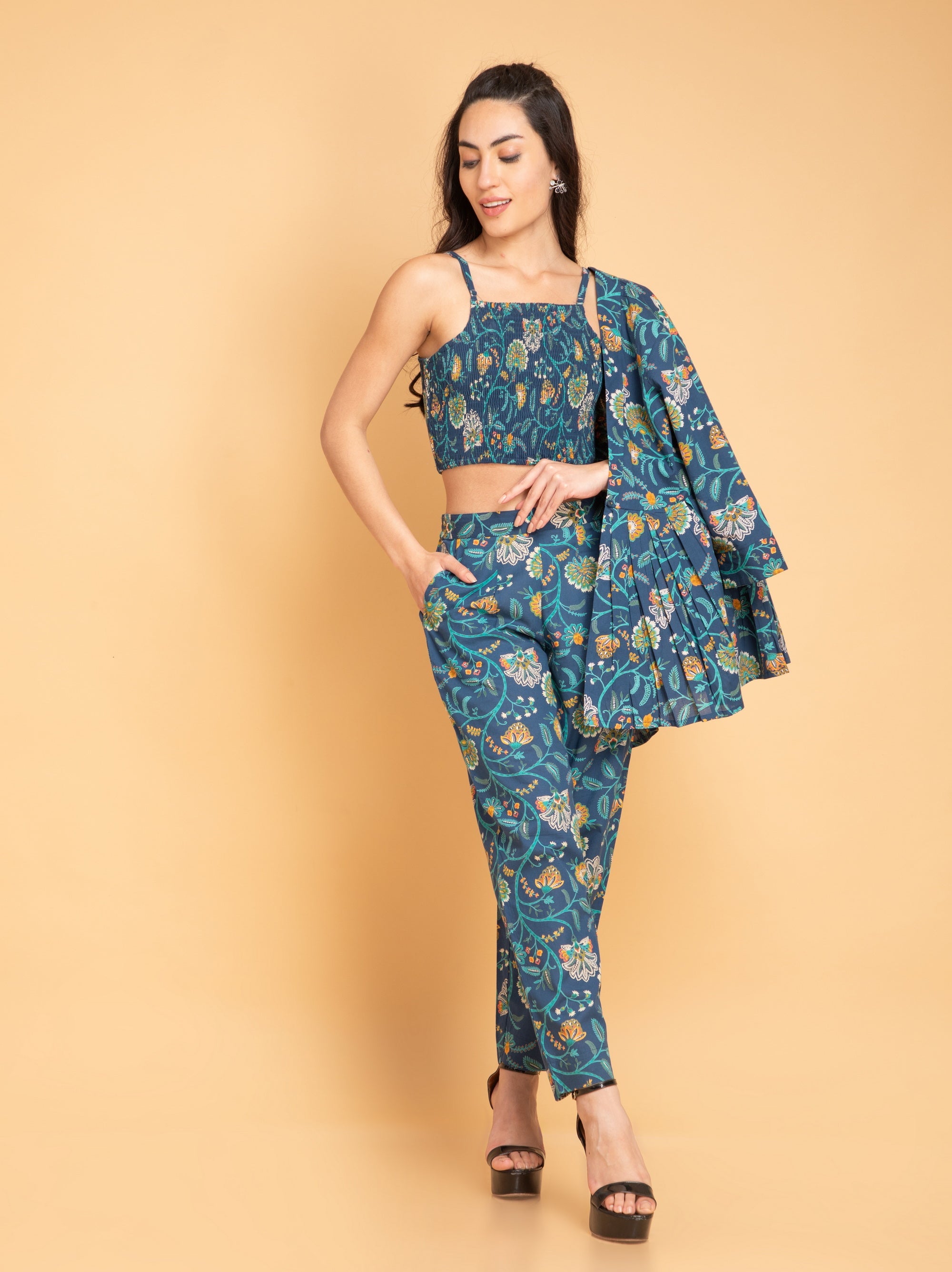 Navy Blue 3pcs Co-ord Set in Mul Cotton