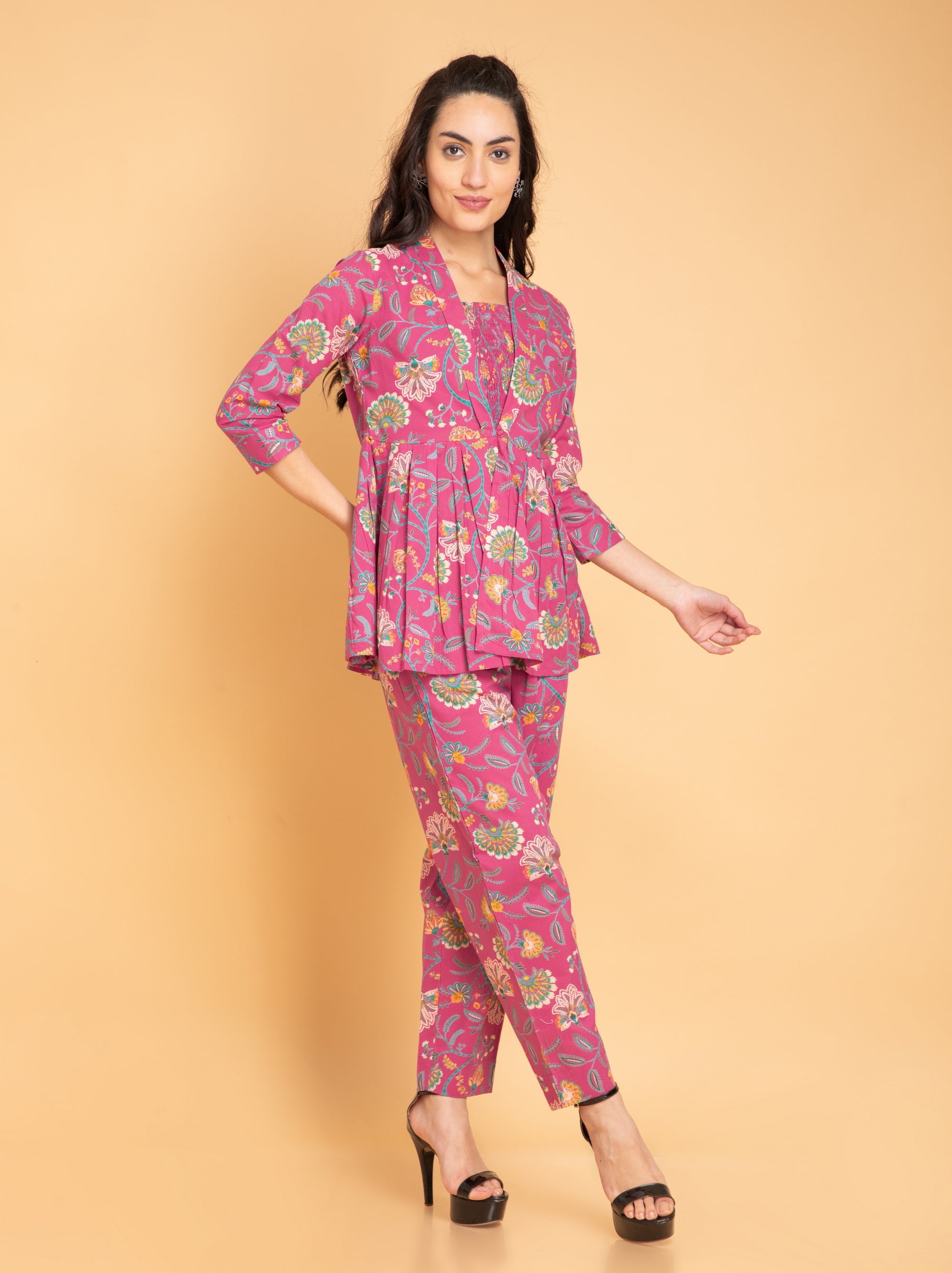 Pink 3pcs Co-ord Set in Mul Cotton