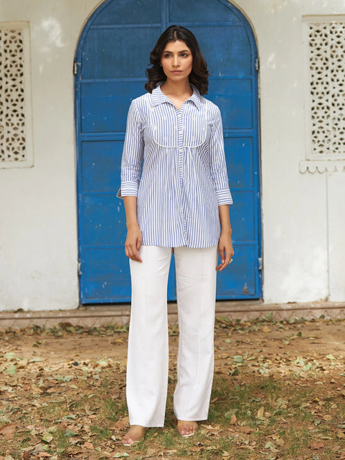 White-Indigo Mirror Embroidered Yarn-Dyed Shirt Top