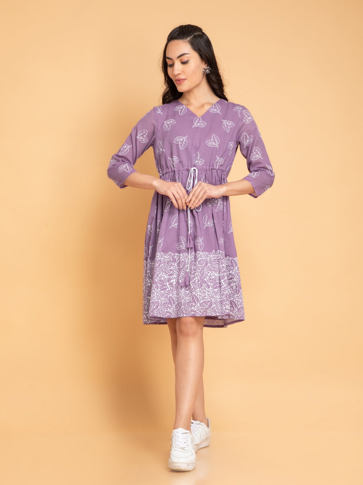 Suti Women Mul Cotton Khadi Printed Short Dress with Waist Tie-Up