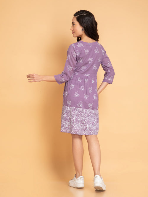 Suti Women Mul Cotton Khadi Printed Short Dress with Waist Tie-Up